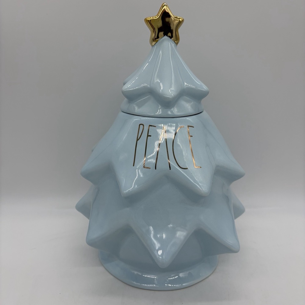 Rae Dunn PEACE Christmas Tree Light Blue Gold Star Ceramic Canister Cookie Jar